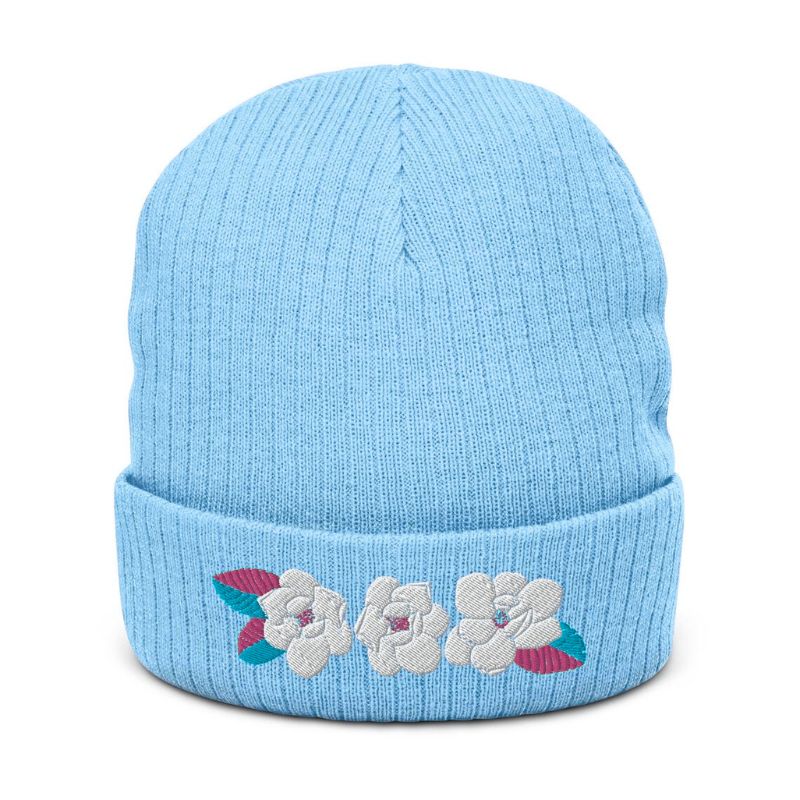 Magnolia Blooms Embroidery Blue Cute Beanie